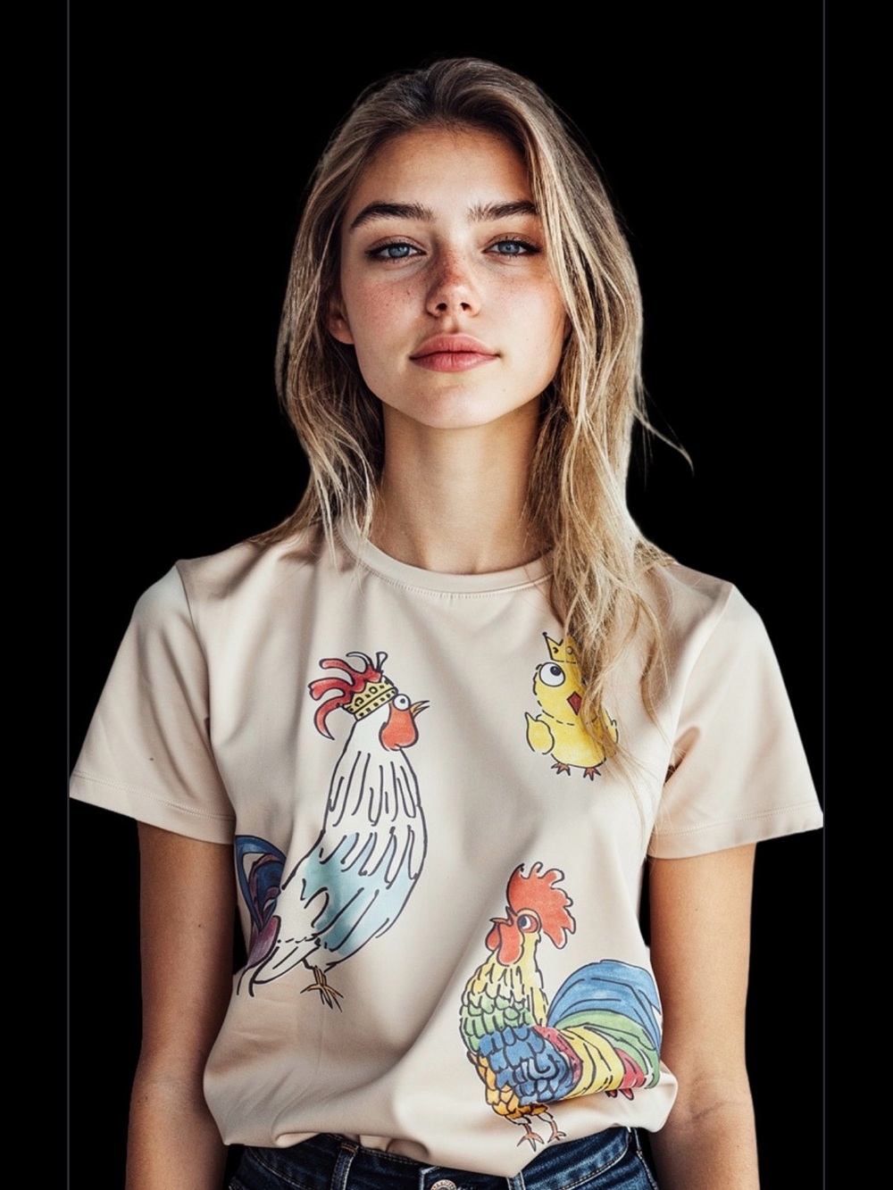 White Short Sleeve T-Shirt with Colorful Chickens & King Roosters Size Medium !!